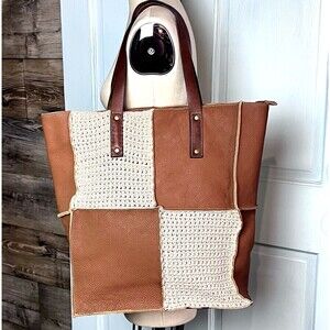 P O L Tote Bag Buttery Pebbled Brown Leather Macrame Beautiful Bohemian Quality